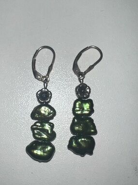 Handmade Green Peacock Freshwater Pearl Drop Earrings